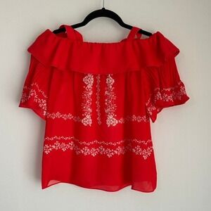 NWT Self-Portrait Off Shoulder Top Floral Red Cream Ruffle Pleated UK8 US4‎